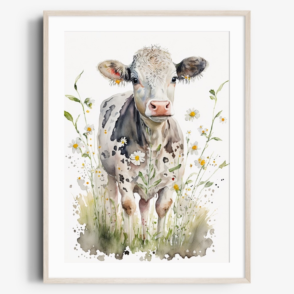 Watercolor Cute Floral Farm Cow Wall Art Illustration Print Poster Unframed
